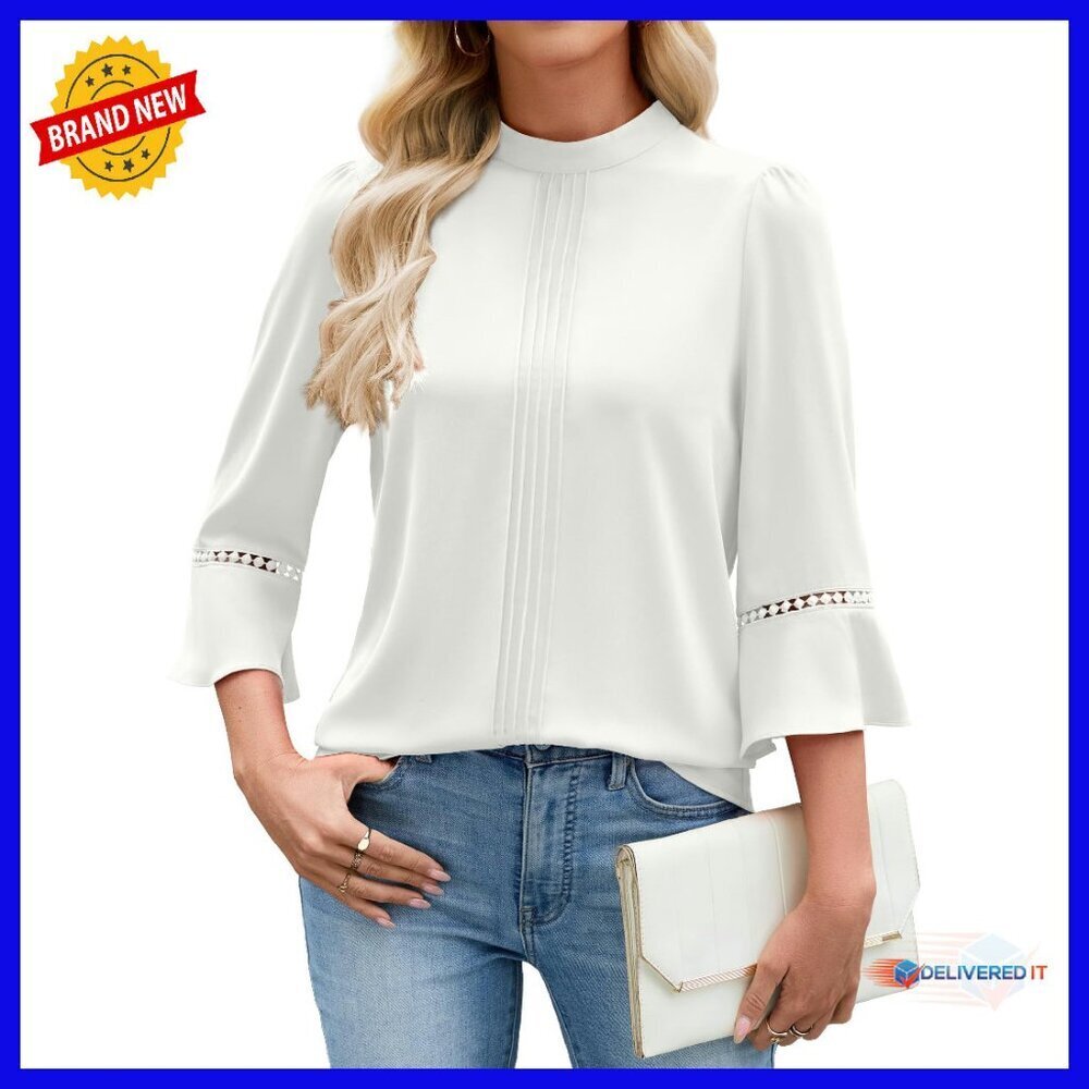 3/4 Sleeve Mock Neck Blouse Front Pleated Business Casual 3XL